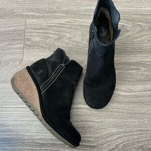 Fly London Nilo Wedge Booties Black Suede Size 38